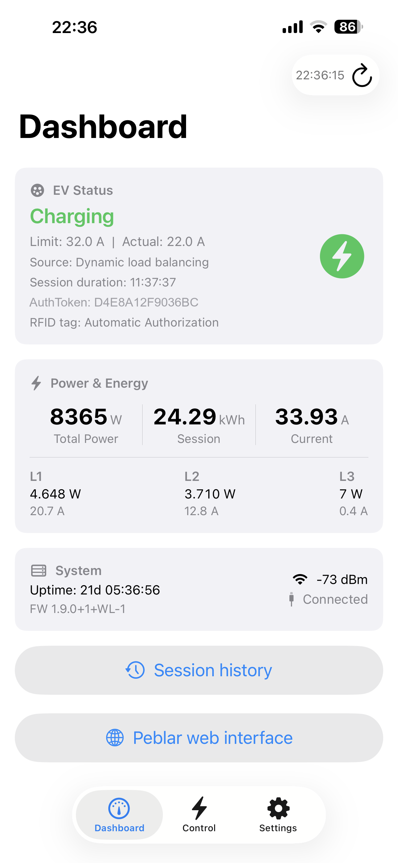 Dashboard screen showing live EV status, power and energy metrics
