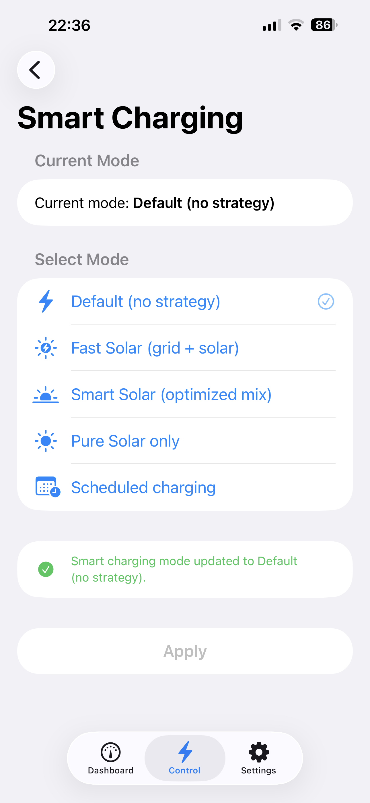 Smart Charging screen showing the five charging mode options